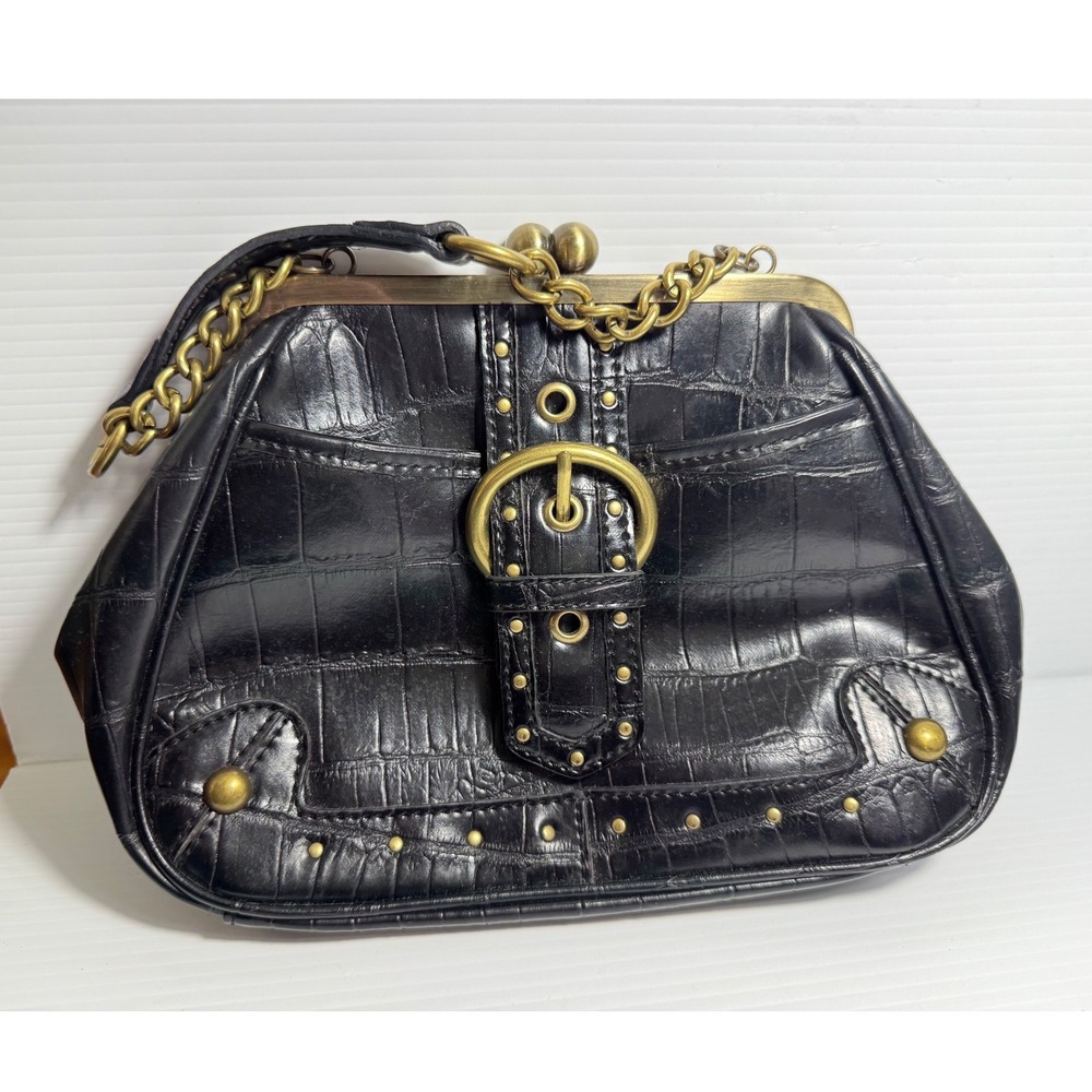 Vintage Nine West Y2K Black Croc Embossed Kiss Lock Handbag Purse